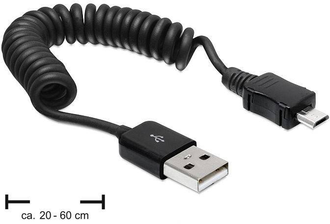 Ein schwarzes Spiralkabel mit USB-Stecker auf der einen Seite und Micro-USB-Stecker auf der anderen, Länge ca. 20–60 cm.