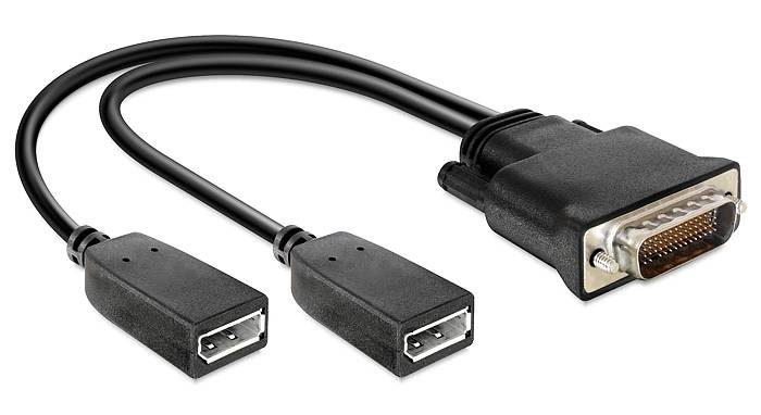 Zwei DisplayPort-Stecker und ein DVI-Stecker in einem Kabeladapter. Verbindet Geräte mit unterschiedlichen Videoanschlüssen.
