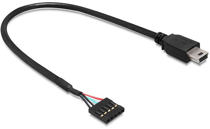 Schwarzes USB-Kabel mit Mini-USB-Stecker und offenem Anschluss mit farbigen Drähten, geeignet für spezifische Hardwareverbindungen.