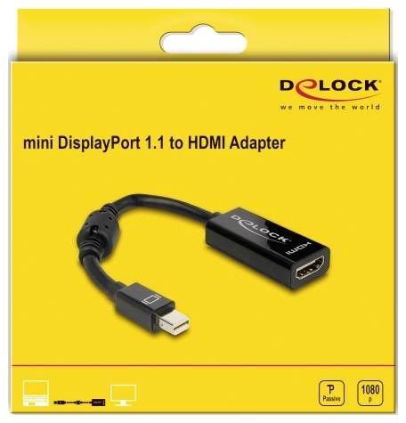 Gelber Karton mit der Aufschrift 'mini DisplayPort 1.1 to HDMI Adapter'. Abgebildeter schwarzer Adapter mit DisplayPort- und HDMI-Anschluss.