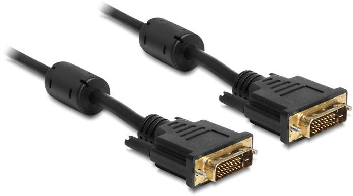 Schwarzes DVI-Kabel mit zwei goldfarbenen Steckern, die zur Übertragung von digitalen Videosignalen zwischen Geräten genutzt werden.