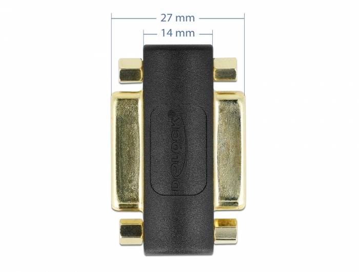 Schwarzer, rechteckiger Adapter mit goldenen Anschlüssen, Beschriftung '27 mm' oben und '14 mm' seitlich, Marke auf der Oberfläche.