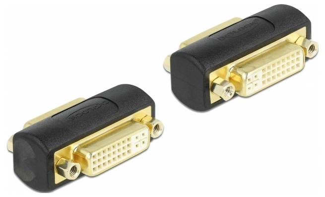Zwei DVI-D-Stecker, schwarz und goldfarben, nebeneinander. Sie dienen zur Übertragung digitaler Videosignale zwischen Geräten.