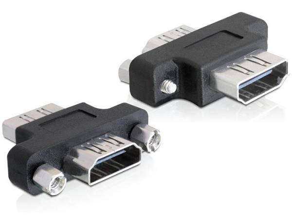 Ein schwarzer HDMI-Adapter mit zwei Anschlüssen, der weibliche und männliche HDMI-Kabel verbindet, auf weißem Hintergrund.