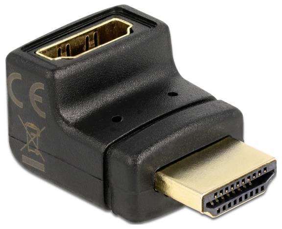 Ein schwarzer HDMI-Winkeladapter mit abgewinkeltem Anschluss. Er ermöglicht eine platzsparende Verbindung zwischen HDMI-Geräten.