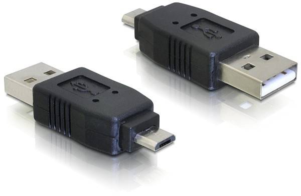 Zwei USB-Adapter, links mit micro USB und rechts mit Standard-USB-Anschluss, liegen auf einer reflektierenden Oberfläche.