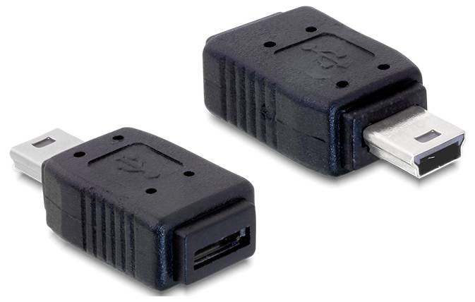 Zwei schwarze USB-Mini-Adapter, einer mit männlichem und einer mit weiblichem Anschluss, auf weißem Hintergrund.