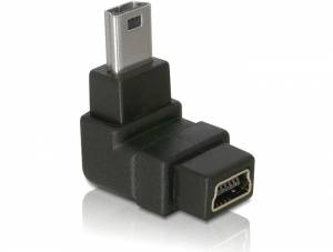 Ein schwarzer Winkeladapter für HDMI- und Mini-HDMI-Anschlüsse auf weißem Hintergrund.