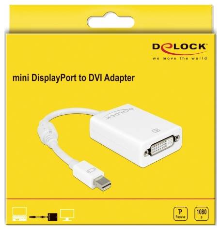 'Mini DisplayPort auf DVI Adapter' Verpackung. Adapter zeigt Kabel von Mini DisplayPort zu DVI Anschluss, markiert mit 1080p und passiv.