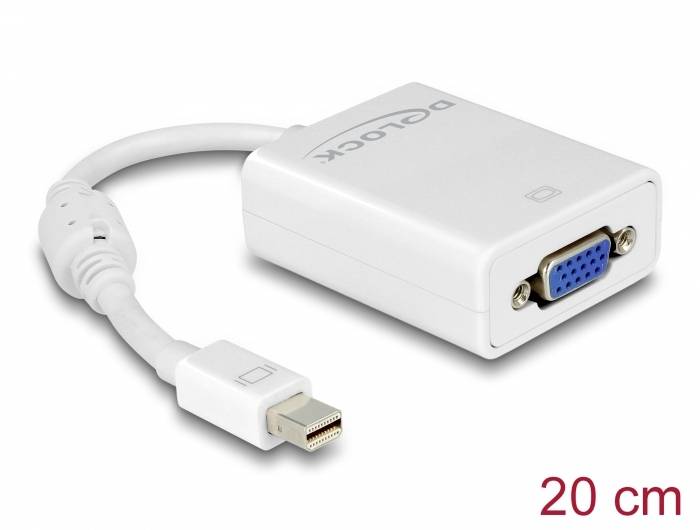 Ein weißer Mini DisplayPort zu VGA Adapter, 20 cm lang, verbindet Geräte mit Mini DisplayPort-Anschluss zu VGA-Monitoren.