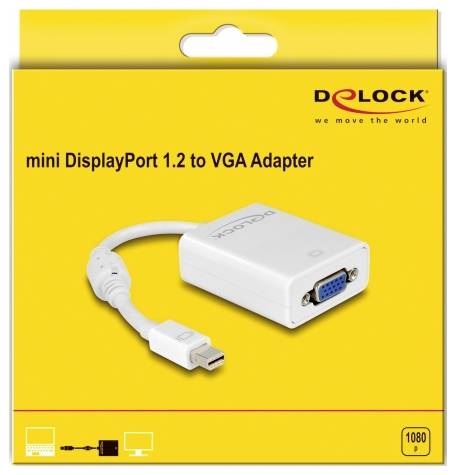 Adapter-Verpackung von DeLock: 'mini DisplayPort 1.2 zu VGA', gelb, mit Bild des Adapters, geeignet für Videoauflösungen bis 1080p.