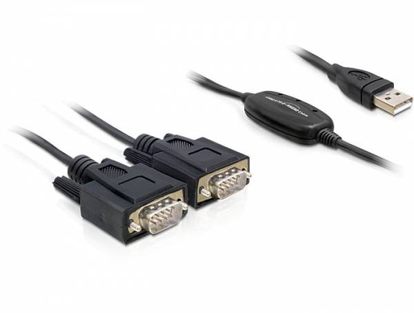 Doppelter serieller Port-Adapter: Kabel mit zwei 9-poligen DB9-Anschlüssen und einem USB-Stecker. Ideal für serielle Datenübertragung.