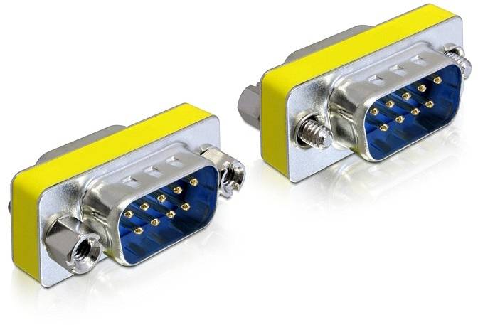 Zwei gelb umrandete VGA-Stecker mit neun Metallstiften, die zur Verbindung von Computern und Monitoren verwendet werden.