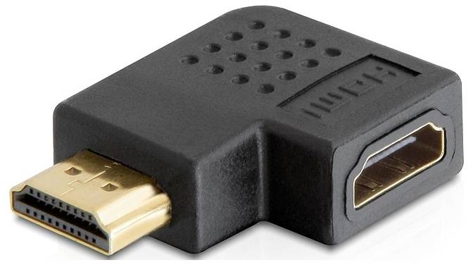 Ein abgewinkelter HDMI-Adapter mit einem schwarzen Gehäuse und goldenen Anschlüssen, ermöglicht die Verbindung von HDMI-Kabeln in engen Räumen.