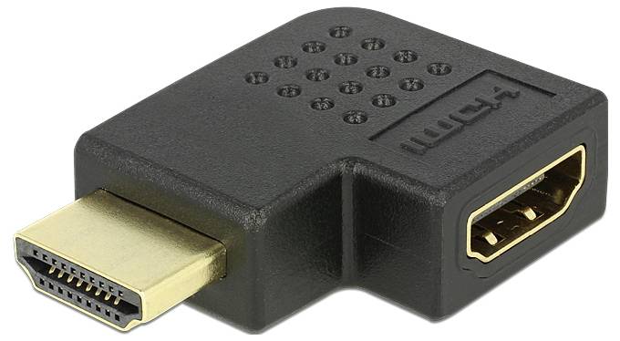 Ein schwarzer HDMI-Winkeladapter mit einem männlichen und einem weiblichen HDMI-Anschluss, ideal zum Verbinden von Geräten in engen Räumen.