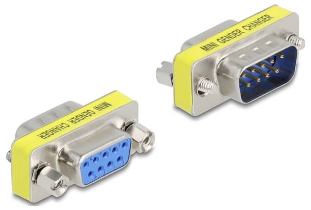 Zwei gelbe Adapter mit der Beschriftung 'Mini Gender Changer', jeweils mit Steckverbindern, die unterschiedliche Geschlechter ändern.
