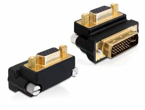 DVI-zu-VGA-Adapter mit goldenen Kontakten und schwarzem Gehäuse, geeignet zum Verbinden eines DVI-Kabels mit einem VGA-Anschluss.