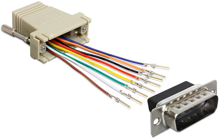 Ein offener RJ45-Stecker mit farbigen Kabeln, die mit einem seriellen DB9-Stecker verbunden sind, zeigt die Kabelverbindungen.