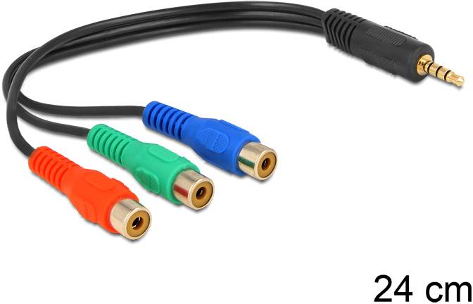 Drei-fach-Audio-Kabel mit einem 3,5-mm-Klinkenstecker und drei Buchsen in den Farben Rot, Grün und Blau. Länge: 24 cm.