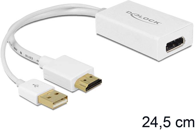 Ein weißer Video-Konverter von HDMI auf USB-Displayport mit einer Länge von 24,5 cm.