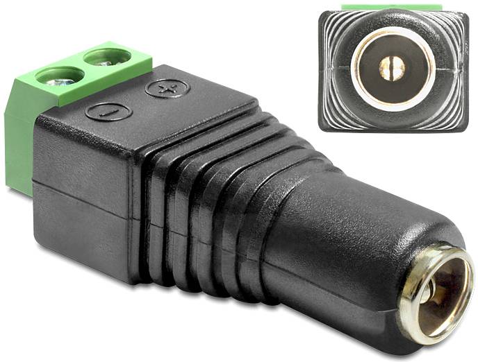 'DC Hohlstecker Adapter': Ein schwarzer Adapter verbindet einen DC Hohlstecker mit einem grünen Anschlussblock für elektrische Verbindungen.