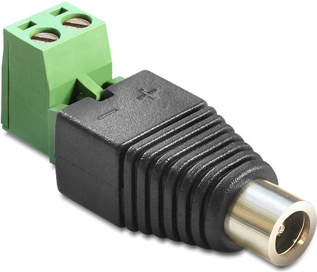 Ein DC-Steckeradapter mit grünem Klemmenblock und schwarzem Gehäuse. Die Pole sind mit '+' und '-' gekennzeichnet.