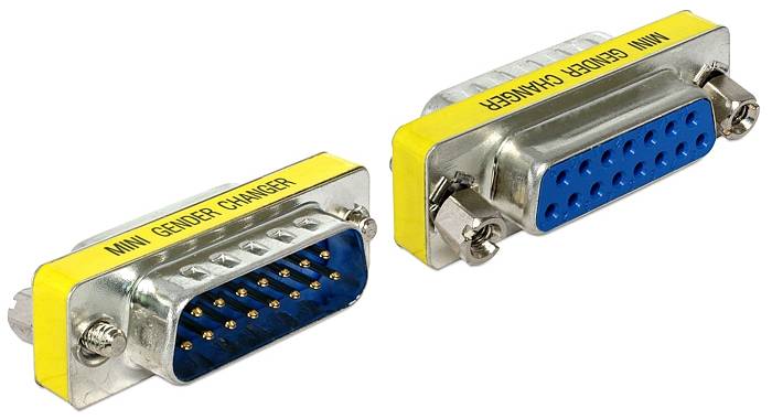 Zwei gelbe 'Mini Gender Changer'-Adapter mit blauen Steckverbindungen. Links ein Stecker, rechts eine Buchse.