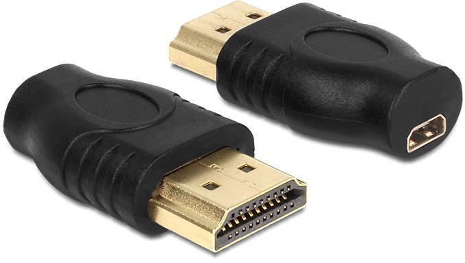 Zwei HDMI-Adapter: Einer mit männlichem, der andere mit weiblichem Anschluss. Beide sind schwarz mit goldfarbenen Steckern.