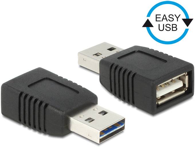 USB-Adapter mit schwarzem Gehäuse, einer männlichen und einer weiblichen Schnittstelle. Oben rechts: Symbol 'Easy USB'.