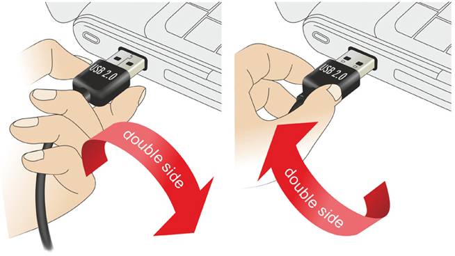 Illustration, die zeigt, wie ein USB-Kabel beidseitig in einen Anschluss gesteckt werden kann. Zwei Hände drehen den Stecker um.