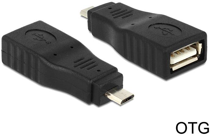 Zwei schwarze OTG-Adapter mit Micro-USB auf der einen Seite und USB-Anschluss auf der anderen. Markiert mit 'OTG'.