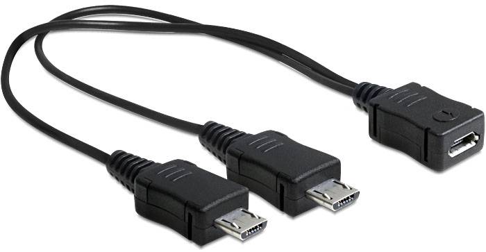 Zwei schwarze USB-Kabel mit Micro-B Steckern und einer Buchse, nebeneinander liegend.