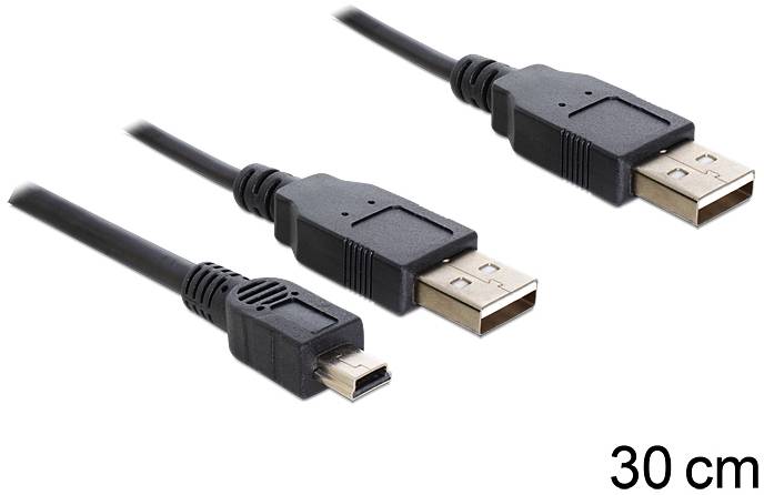 Drei USB-Kabel, zwei mit Standardanschluss und eines mit Mini-USB-Anschluss, nebeneinander. Länge: 30 cm.