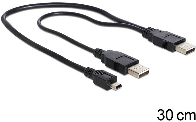 USB-Verlängerungskabel mit zwei USB-Buchsen und einer Micro-USB-Stecker, Länge 30 cm.