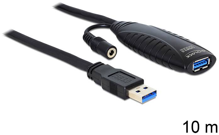 USB 3.0 Verlängerungskabel, 10 Meter, schließt zwei USB-Geräte an. Ein Ende mit Stecker, das andere mit Buchse und Stromanschluss.