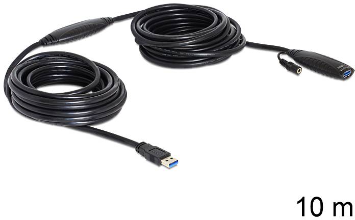 Zehn Meter langes USB-Verlängerungskabel mit einem Standard-USB-Stecker und einer USB-Buchse, geeignet für die Verbindung über größere Distanzen.