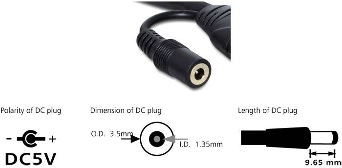 DC-Stecker mit Polarität Plus außen, Minus innen. Abmessungen: Außendurchmesser 3,5 mm, Innendurchmesser 1,35 mm, Länge 9,65 mm.
