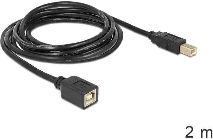 Ein 2 Meter langes USB-Kabel mit einem USB-A-Stecker auf der einen Seite und einem USB-B-Stecker auf der anderen.