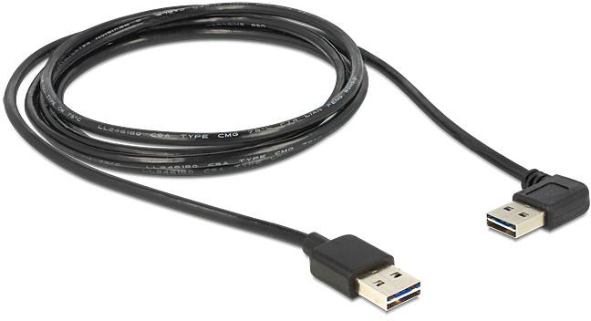 Ein schwarzes USB-Kabel mit zwei USB-A-Steckern an beiden Enden, geeignet für Datenübertragung und Laden von Geräten.