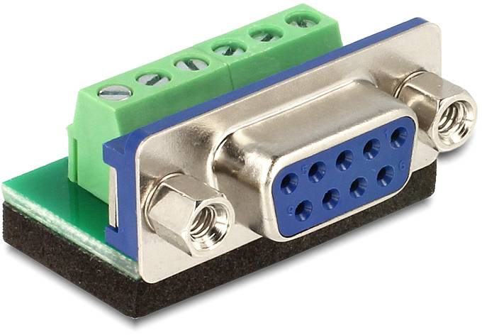 Ein DB9-Steckeradapter mit einer grünen Schraubklemme auf einer grünen Leiterplatte, dient zur Verbindung von Kabeln mit seriellen Anschlüssen.