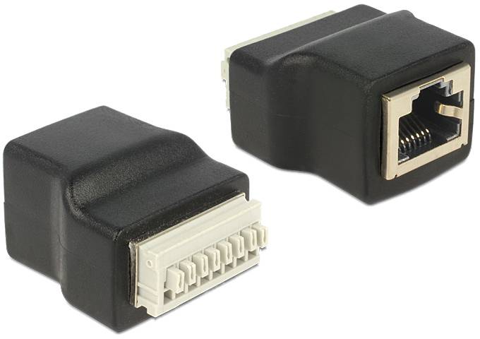 Zwei RJ45-Kupplungen mit schwarzem Gehäuse und silbernen Steckverbindungen, dargestellt auf einem weißen Hintergrund.