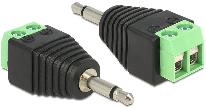 Zwei schwarze und grüne Klinkenadapter mit Schraubklemmen, die eine Verbindung zwischen einem Audio-Stecker und einem Kabel herstellen können.