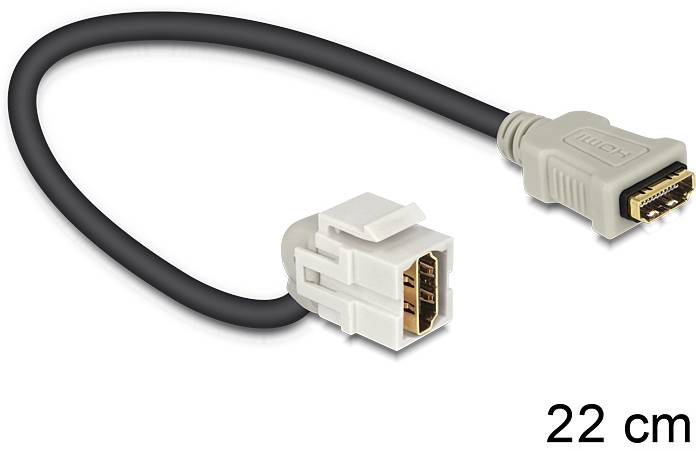 Ein kurzes schwarzes HDMI-Kabel mit grauen Steckern. Der Stecker auf der rechten Seite ist gekennzeichnet, die Länge beträgt 22 cm.