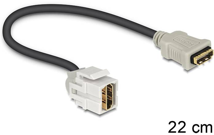 Ein kurzer HDMI-Verlängerungskabel, 22 cm lang, zeigt einen Standard-HDMI-Stecker und eine Buchse, geeignet für Audio-/Videoübertragung.