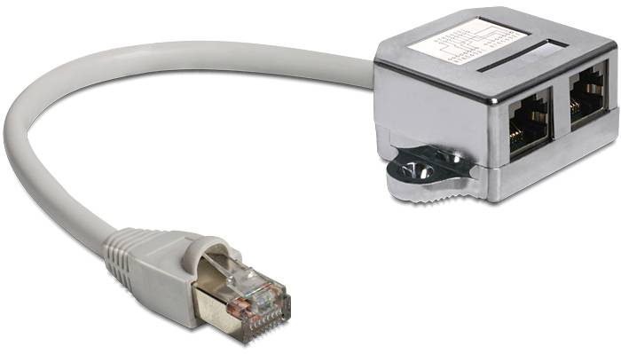 Ein Ethernet-Splitter mit zwei Ausgängen und einem Kabel mit RJ-45-Stecker, verwendet zur Verteilung von Netzwerkverbindungen.