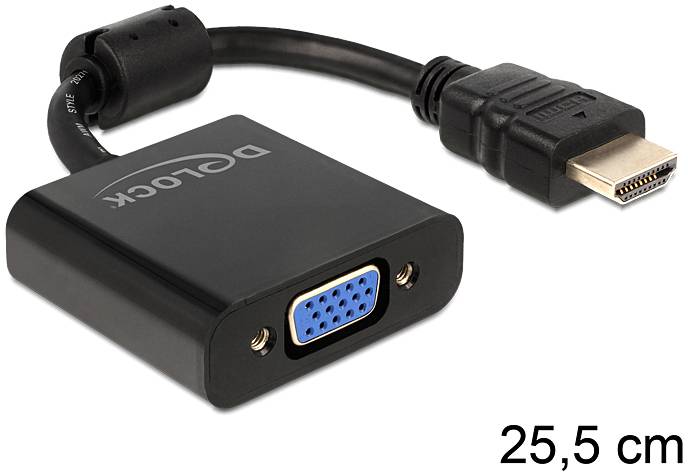 Ein VGA-zu-HDMI-Adapter mit einem schwarzen Kabel und blauen Anschluss. Länge: 25,5 cm.