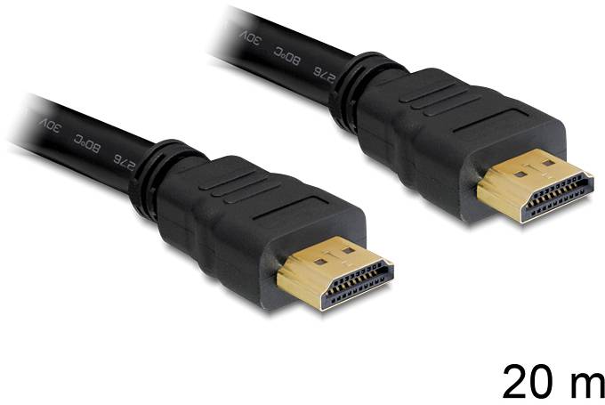 Schwarzes HDMI-Kabel mit vergoldeten Steckern an beiden Enden. Kabel ist 20 Meter lang. Geeignet für Computer oder TV-Anschluss.