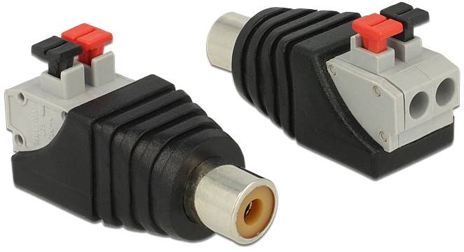 Adapter mit RCA-Buchse und Lautsprecher-Steckklemmen. Schwarzes, geripptes Gehäuse, Kunststoffgehäuse mit zwei Klemmen.