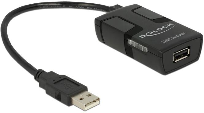 Schwarzer USB-Isolator mit einem USB-Kabel auf einer Seite und einem USB-Anschluss auf der anderen. Marke 'Delock'.