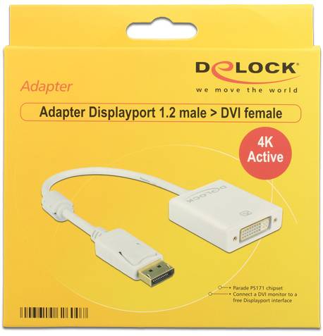 Verpackung eines Delock Adapters von DisplayPort 1.2 Male zu DVI Female. Unterstützt 4K-Auflösung. Adapter und Markenname sichtbar.